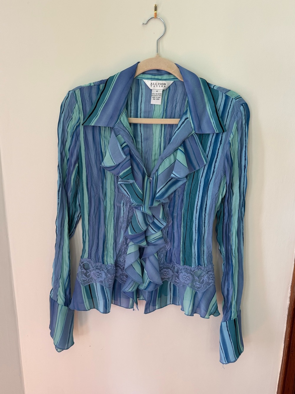 Allison Taylor Blue and Green Striped Ruffle Blouse
